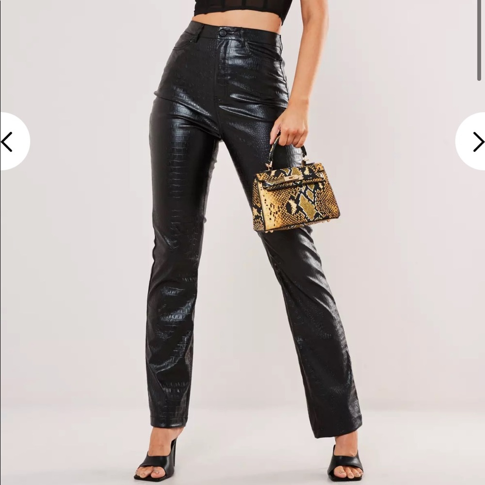 Black faux leather croc straight leg